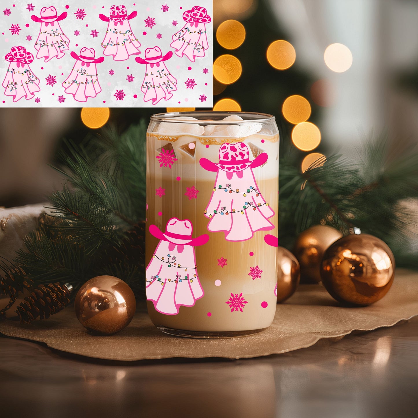 Pink Christmas ghosts UVDTF cup wrap
