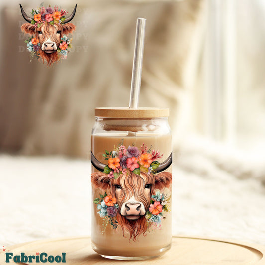 Floral highland cow UVDTF 4in decal